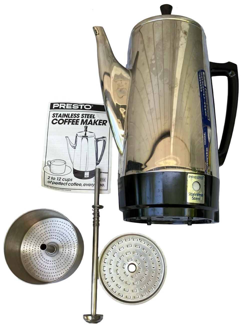 VTG PRESTO Stainless Coffee Pot Percolator 2-12 Cups Electric 1990s No Cable